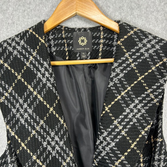 Amber Sun Belted Vest Black Gray Plaid Tweed Sleeveless Tie Waist Blazer Size XL - Picture 3 of 14